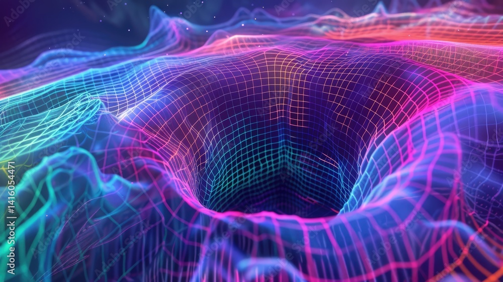 Poster abstract digital image of a colorful vortex with grid patterns on a dark background. digital artwork