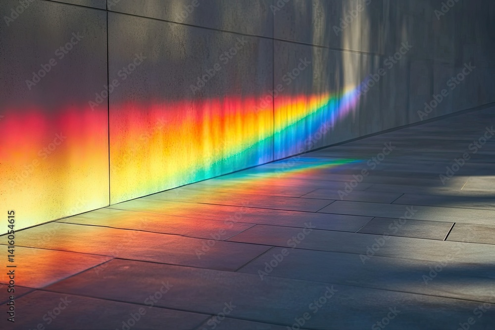 Poster a vibrant spectrum of colors created by sunlight passing through a prism. illuminating a concrete wa