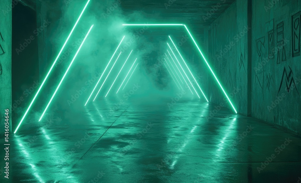 Poster a mysterious corridor illuminated by glowing green triangular lights. with fog creeping along the we