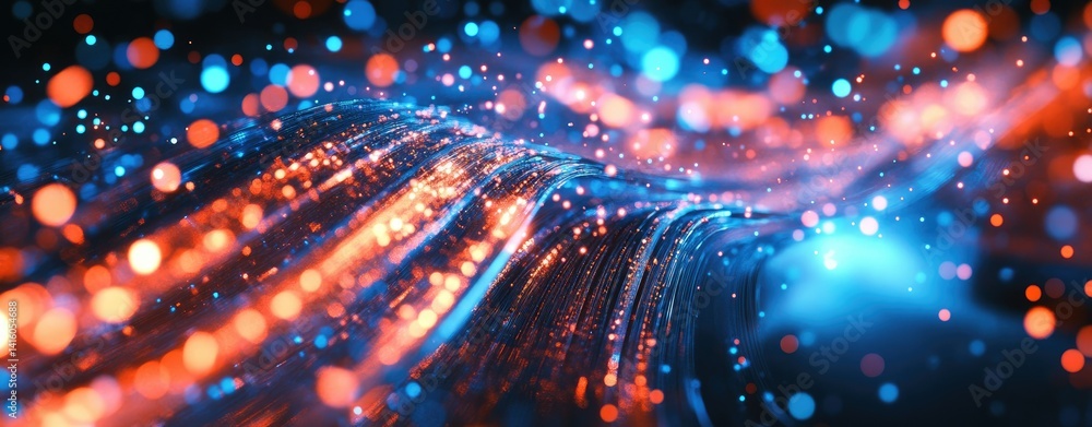 Poster abstract representation of colorful wave patterns created by glowing dots. illustrating digital tech