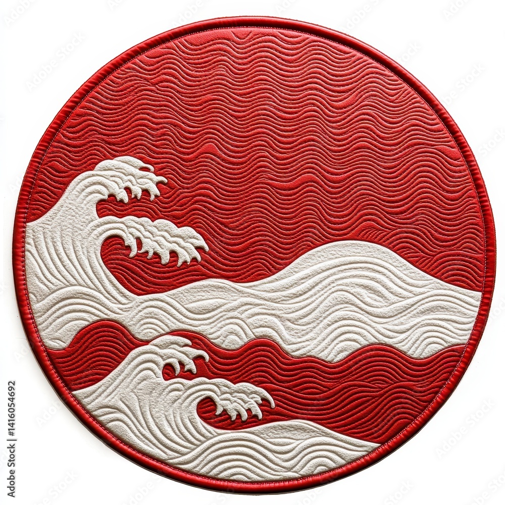 Aufkleber red round table mat featuring intricate wave patterns on an isolated white background represents a w