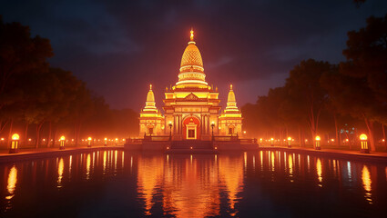 Vesak Symbolic Lighting: Transforming Ancient Temples into Luminous Sanctuaries with Vibrant Hues and Refined Design for Exquisite Photo Stock Visuals