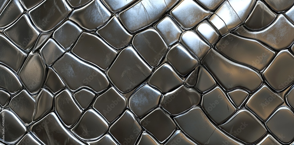 Poster a close-up view of a metallic snake skin texture. showcasing intricate scales with reflective surfac