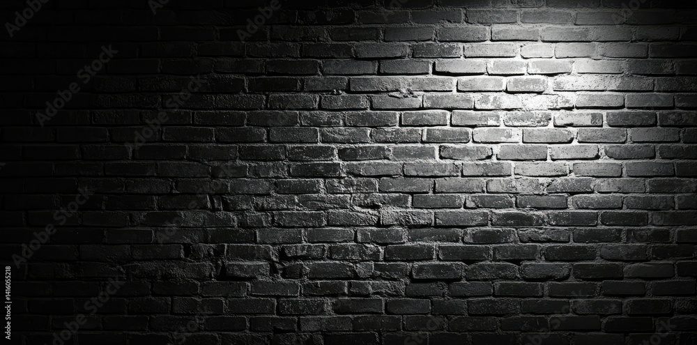 Poster a textured black brick wall illuminated by soft overhead lights. creating dramatic shadows. suitable