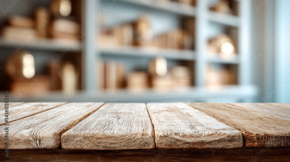 Aufkleber wooden table with bookshelf background for product display or mockup