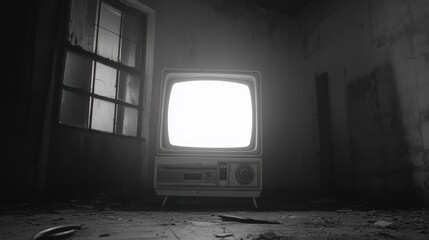 Abandoned building; glowing vintage TV; blank screen; dark room; horror film scene
