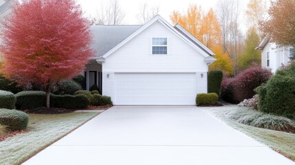 Frosted driveway in front of a white house with a garage and colorful fall trees