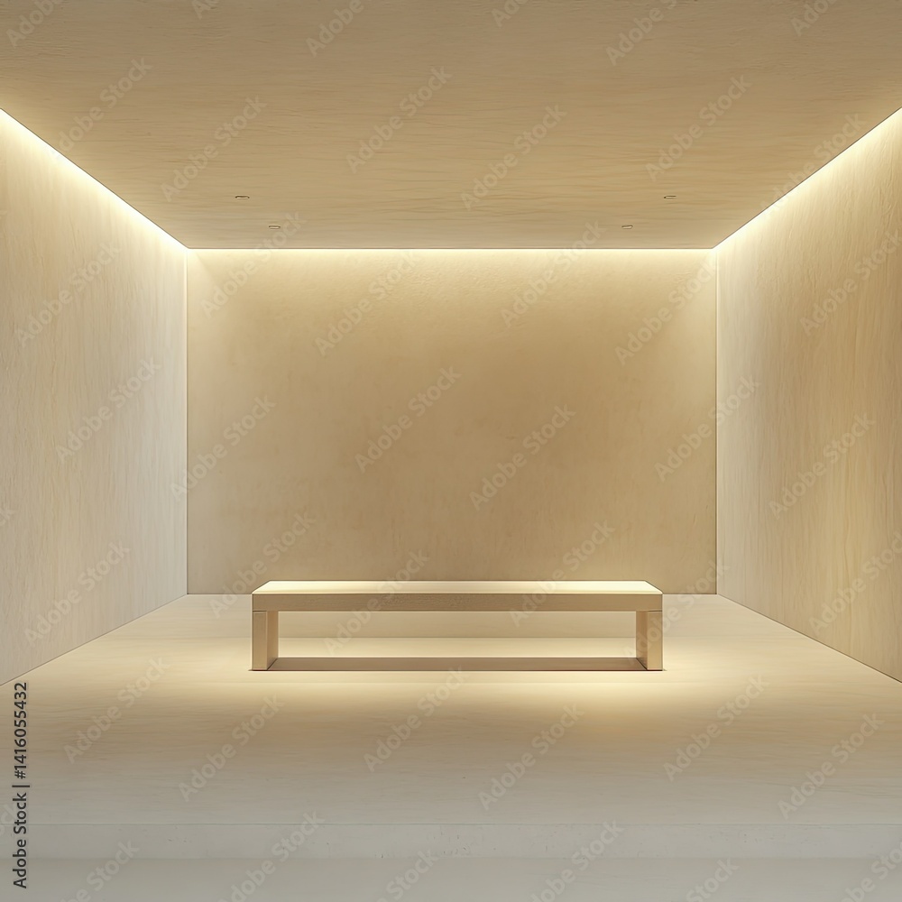 Poster a minimalist interior showcasing a simple wooden bench illuminated by soft lighting in a spacious. e