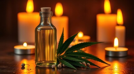 Glass bottle of cannabis oil with lit candles creating a calming atmosphere.
