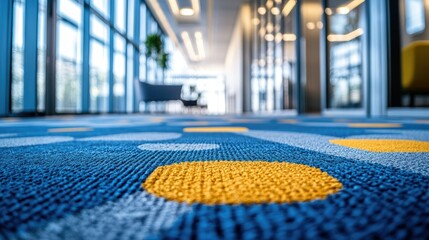 Naklejka premium A close-up view of a vibrant blue carpet with a yellow stripe. leading towards glass doors in a modern office space. showcasing a bright and inviting atmosphere