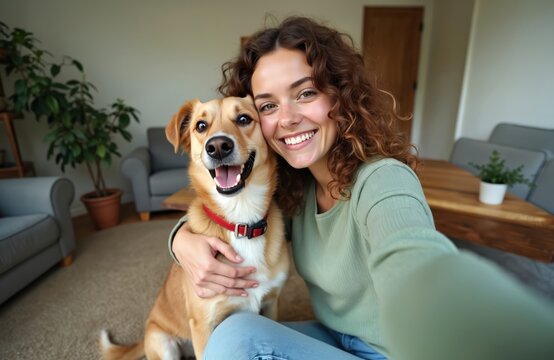Smiling young woman takes selfie with dog at home. Happy girl hugs cute dog. Bonding, togetherness, friendship, fun. Woman and dog are friends. Pet owner, happy dog.