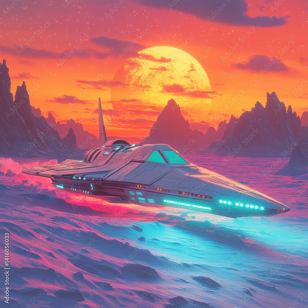 Poster retro spaceship with neon teal windows landing on a pixelated landscape under a large moon with pink