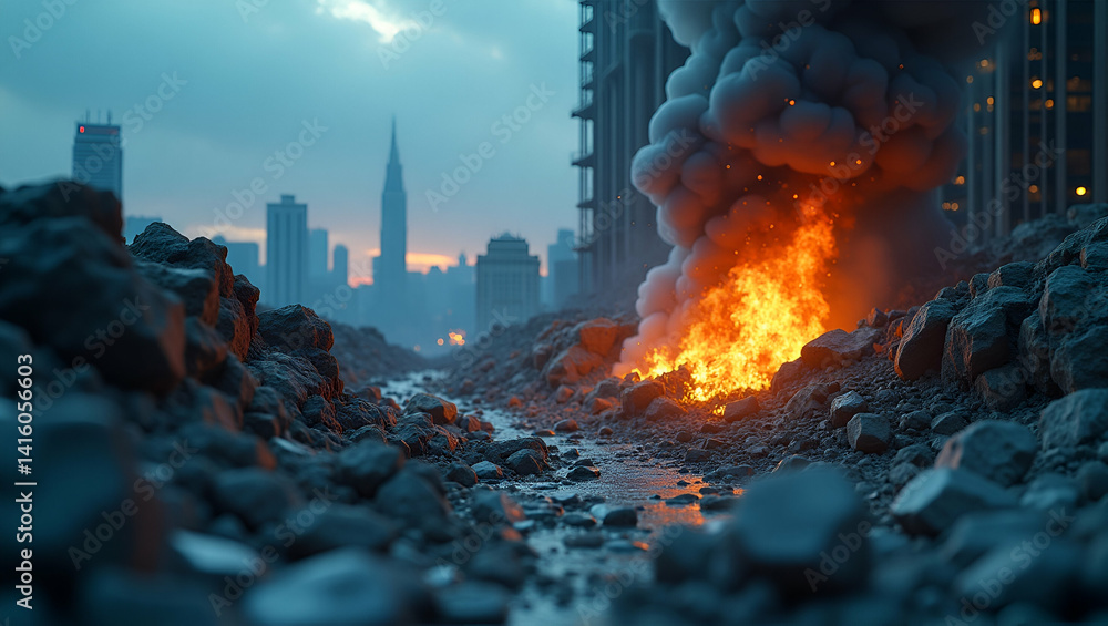 Poster exhibit refined visuals of an earthquake disaster simulation capturing realistic crisis scenarios ad