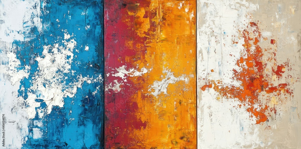 Poster abstract triptych artwork featuring vibrant blue. white. and warm tones with textured brush strokes.