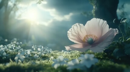 Magical pink poppy blooms in sunlit enchanted forest