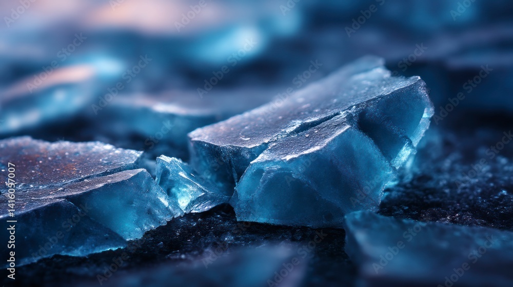 Poster macro image of blue ice shards on a dark surface for winter