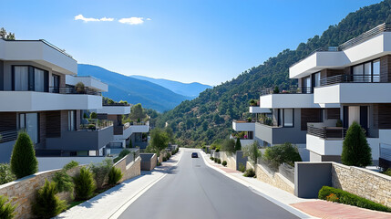 Modern residential architecture along a scenic mountain road under a clear blue sky