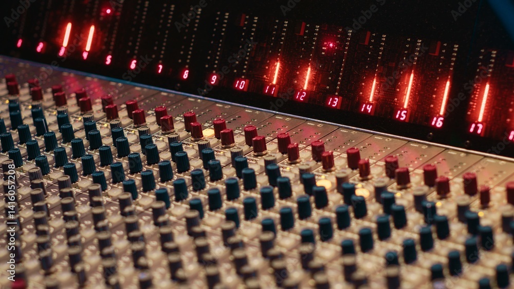 Poster Control room desk equipped with motorized faders and amplifier used in mixing and mastering tracks with audio console. Empty soundproof studio with sliders and switchers on board.