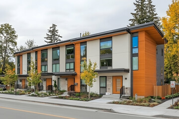 Fototapeta premium Modern residential building with vibrant orange accents, surrounded by greenery on a sunny day