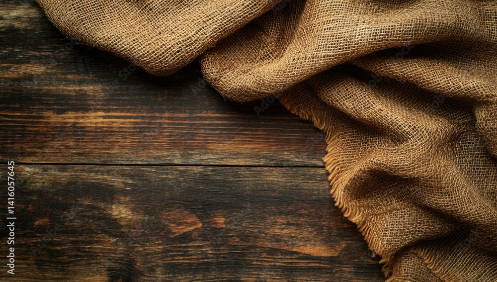 Poster a textured burlap fabric draped over a rustic wooden surface. creating a warm and inviting atmospher