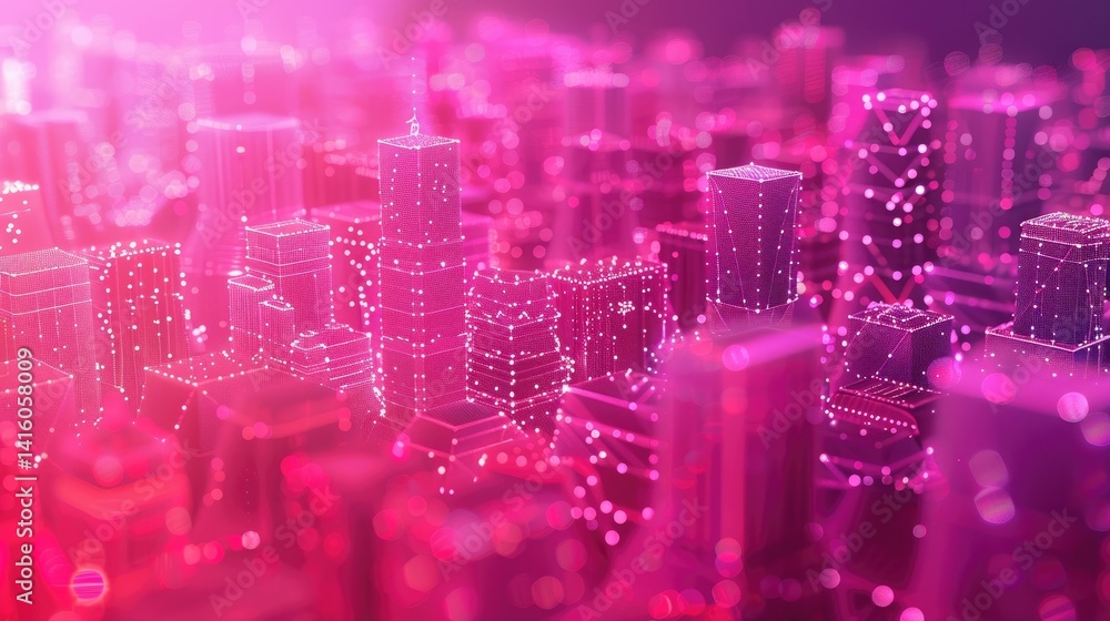 Poster explore a vibrant visualization of a futuristic cityscape, where moving dots and pixels create an en