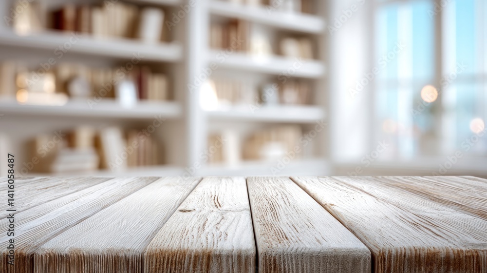 Poster white wood tabletop with bookshelf background for product display