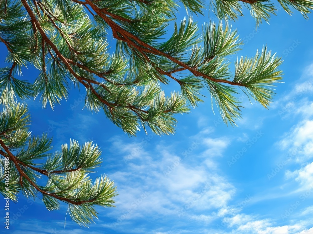 Poster lush green pine branches frame a bright blue sky. creating a serene and tranquil atmosphere. ideal f