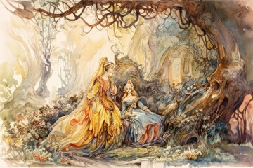 Watercolor fairy tale illustration of two ladies in medieval dresses in a magical forest.  