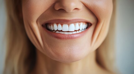 Obraz premium Woman's bright smile, close-up, indoor, neutral background, dental advertisement