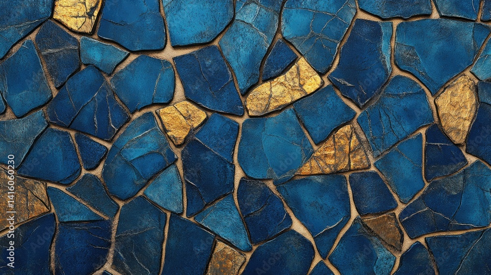 Poster a close-up view of an intricately designed stone wall featuring dark and golden textured stones. cre