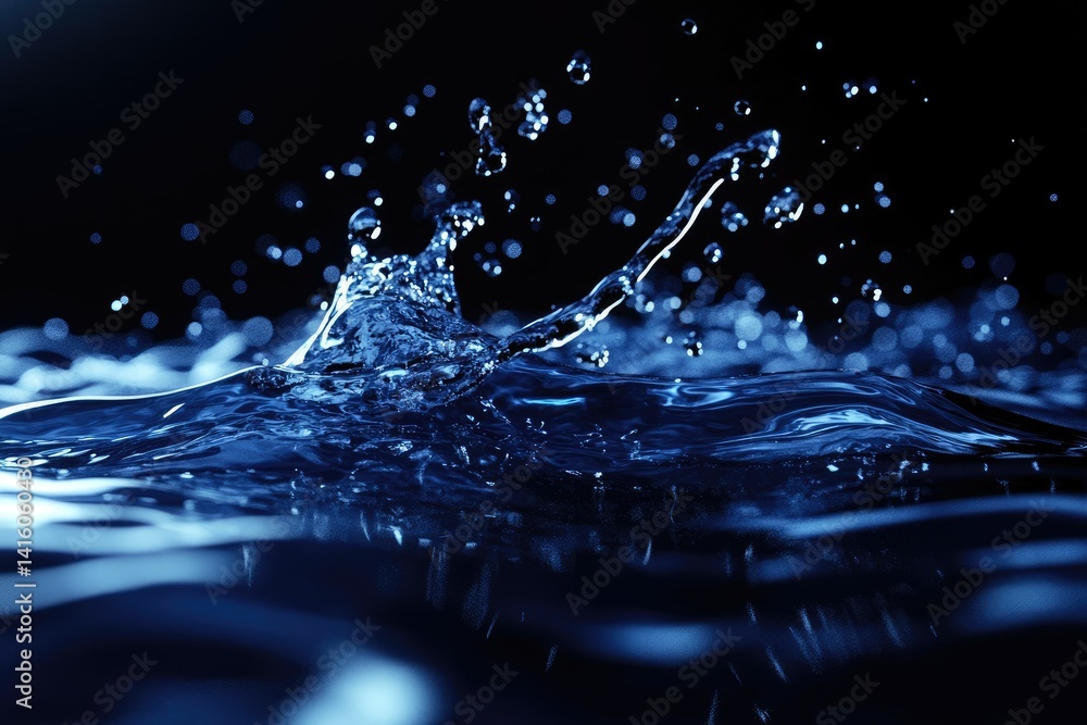 Poster a dynamic close-up of a water splash capturing droplets in mid-air against a dark background. ideal 