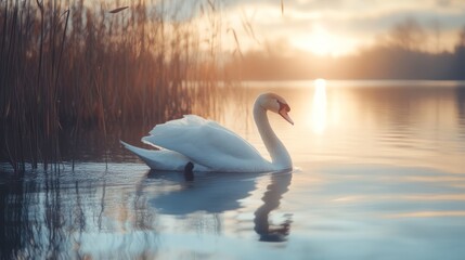 Fototapeta premium Majestic swan swims serene lake sunset reeds background, nature peace