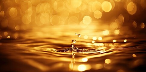 A mesmerizing close-up of golden water droplets splashing in a serene pond. with shimmering bokeh lights creating a magical. dreamy atmosphere in the background