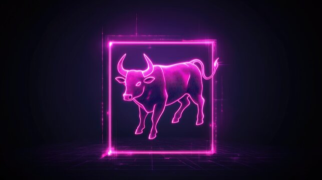 A vibrant purple bull icon set against a futuristic digital backdrop. symbolizing strength and determination in a tech-inspired environment. perfect for branding or promotional use