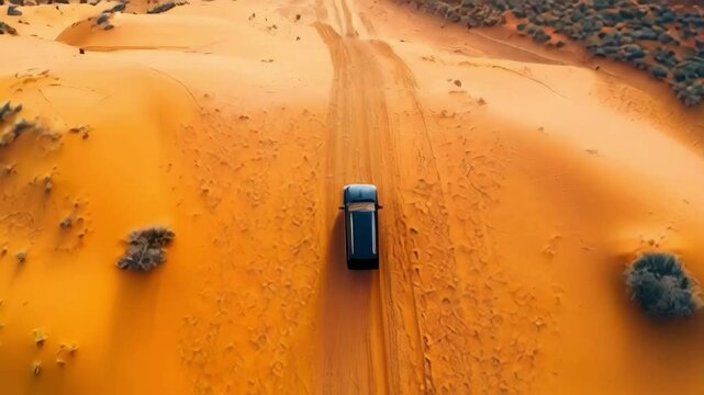 A car is driving down a dirt road in a desert. The road is bumpy and the car is making a lot of noise. The desert is barren and there are no trees or other vegetation in sight