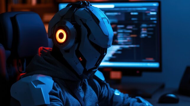 Gamer in futuristic helmet coding at night