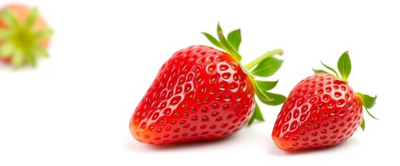 Single, ripe, bright red strawberry with vibrant green leaves isolated on pure white background, nutrition, food