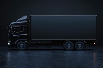 A pair of sleek black semi-trucks parked side by side on a dark surface. showcasing their modern design against an elegant black backdrop. ideal for transportation-themed projects