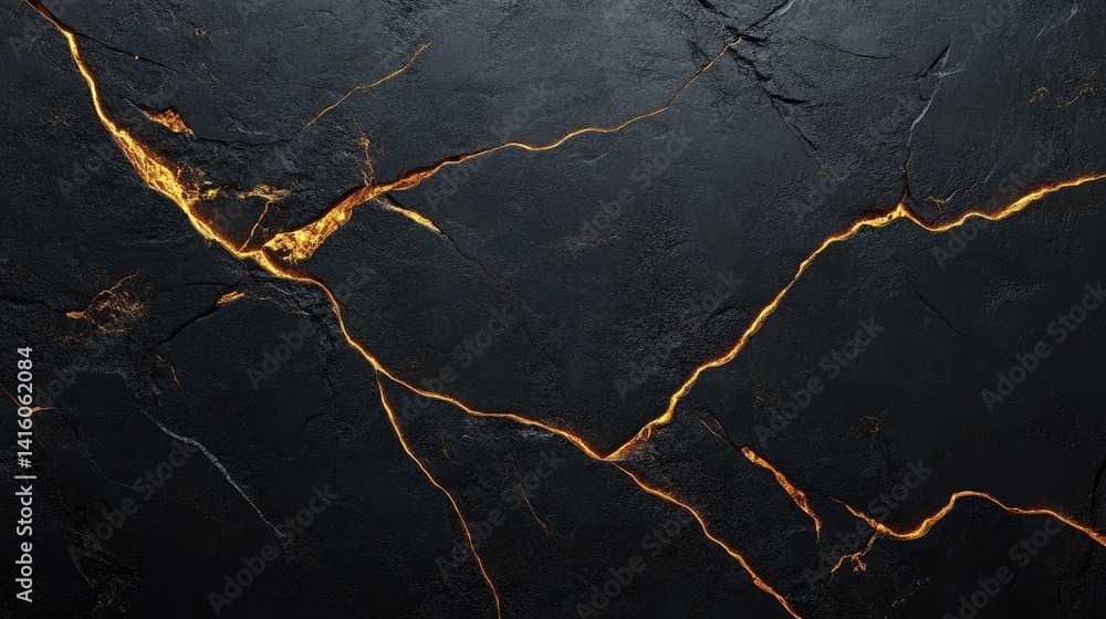 Poster a close-up view of a textured black rock surface with striking golden veins. set against a dark back