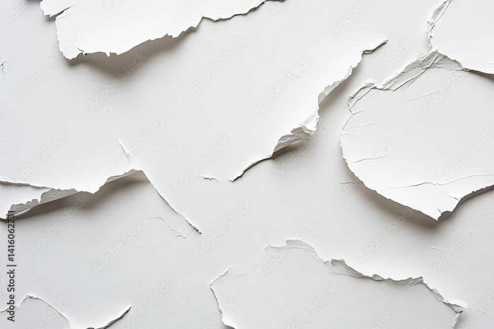 Poster close-up view of textured. peeling white paint on a wall. showcasing intricate patterns and layers. 