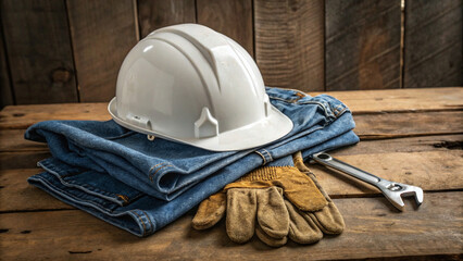 Hard hat placed on folded denim work shirt - National Labour day and workforce