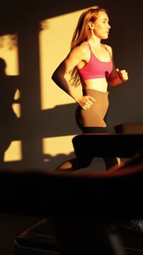 Rear view of a young and cheerful woman in sportswear running on a treadmill in the gym on sunrise. Cardio workout.
