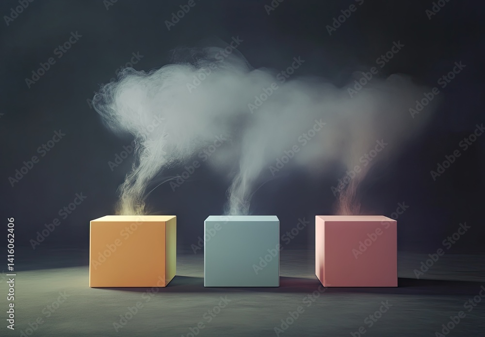 Poster three translucent cubes emitting colorful smoke against a textured background. creating an ethereal 