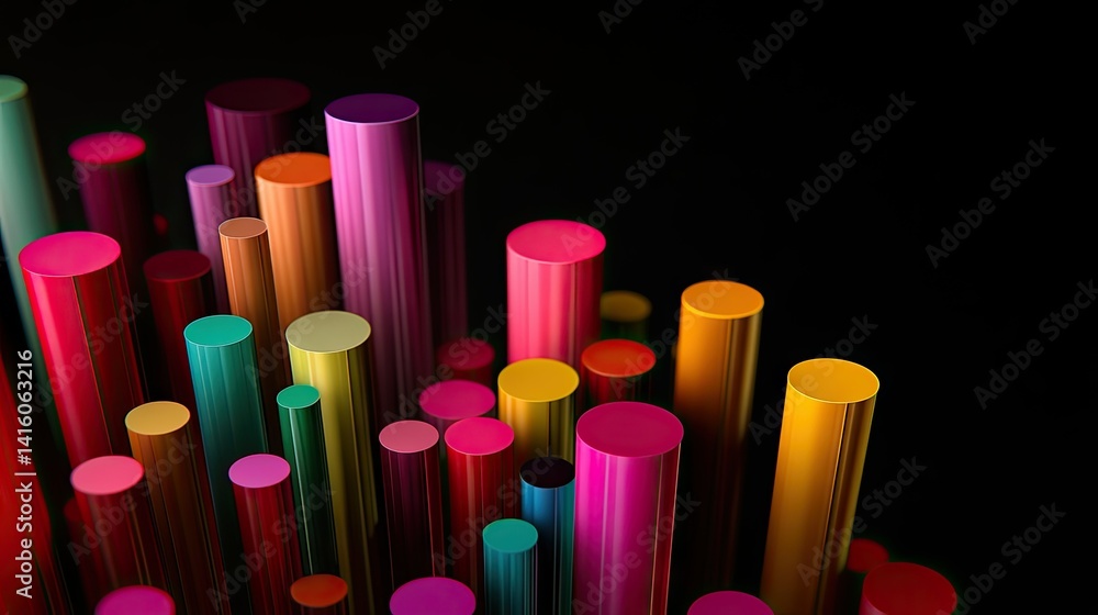Poster a vibrant arrangement of colorful cylindrical shapes rising from a dark background. creating an abst