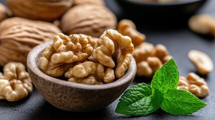 Close-up of shelled walnuts in a small bowl