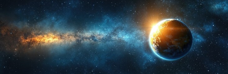Naklejka premium A breathtaking view of Earth from space. showcasing the vibrant blue oceans and swirling clouds. illuminated by a stunning sunrise against a backdrop of distant stars and galaxies