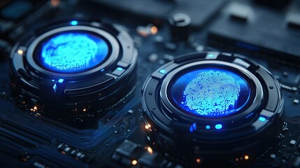 Fototapeta premium A close-up view of a digital fingerprint superimposed on a circuit board. showcasing advanced technology in a futuristic setting with glowing lines and intricate details in the background