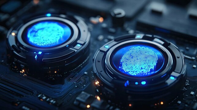 A close-up view of a digital fingerprint superimposed on a circuit board. showcasing advanced technology in a futuristic setting with glowing lines and intricate details in the background