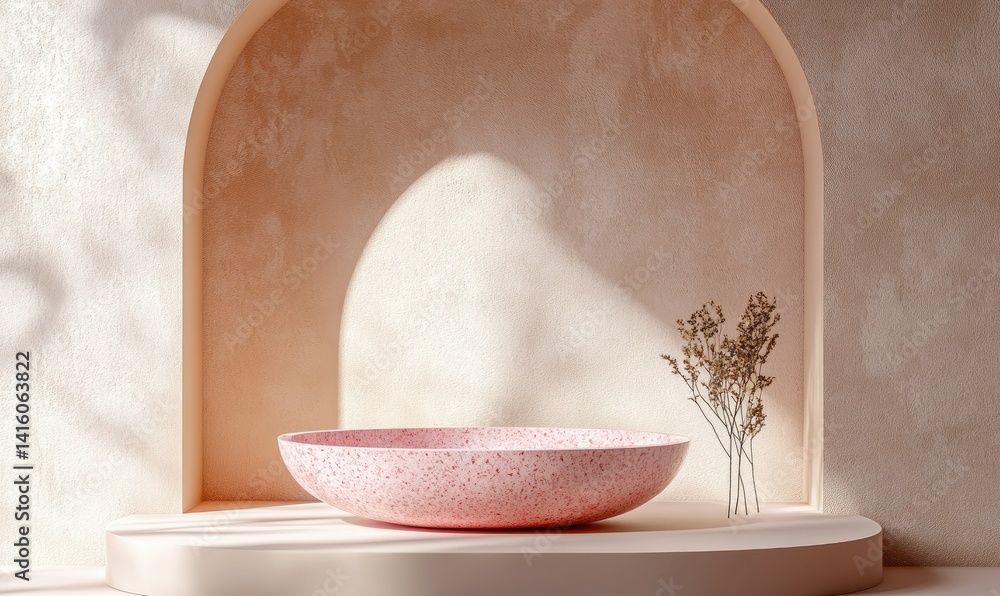 Poster a serene and minimalist display featuring a circular arch and a smooth stone platform adorned with d