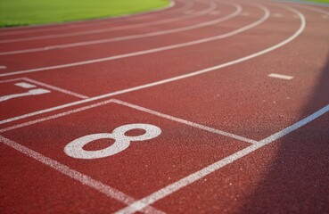 Close-up of lanes 7 and 8 on university athletic running track. Red surface, white lines, green grass. Sport competition, exercise, track and field event, stadium. Number 8 for race sprint.